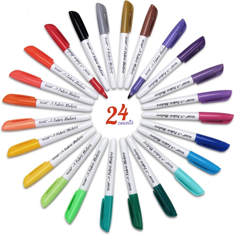 SELEAD 24 Fabric Markers Permanent for Clothes - Colored Fine Tip Waterproof Non Toxic Art Drawing Marker Pens Set for T-Shirts, Bags, Textile, Canvas, Shoes - Image 1